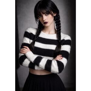Y2K Inspired Fuzzy Striped Sweater S Black White Soft Grunge Wednesday Addams